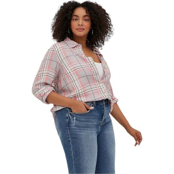 torrid Tops - TORRID Lizzie Rayon Twill Button‎ Up Long Sleeve Size 3XL Pink/Grey